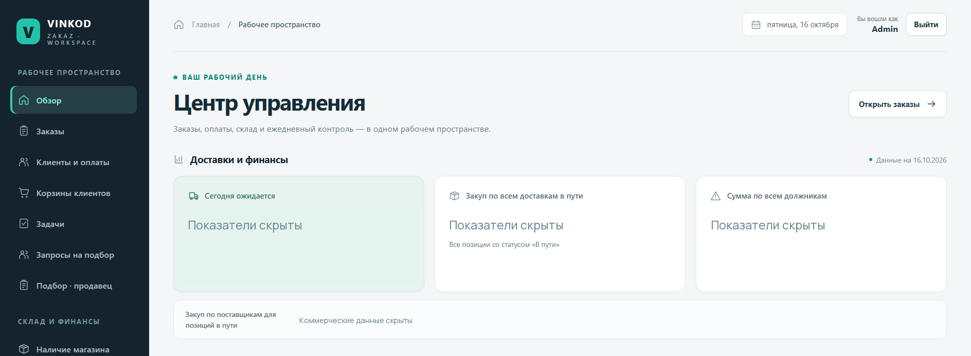 Реальный центр управления магазином; коммерческие показатели скрыты